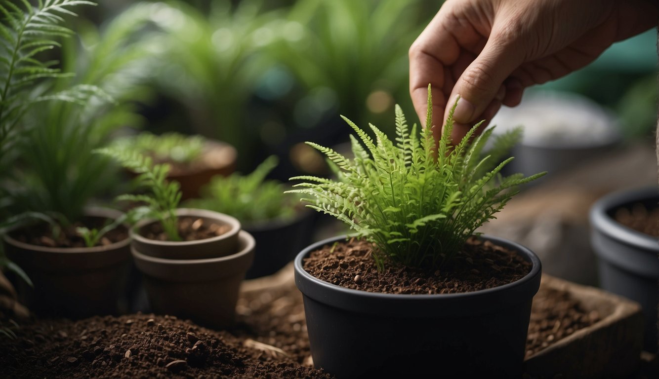 A foxtail fern cutting is placed in a pot of moist soil, with the stem buried and the fronds exposed.

The pot is then covered with a plastic bag to create a humid environment for the cutting to root