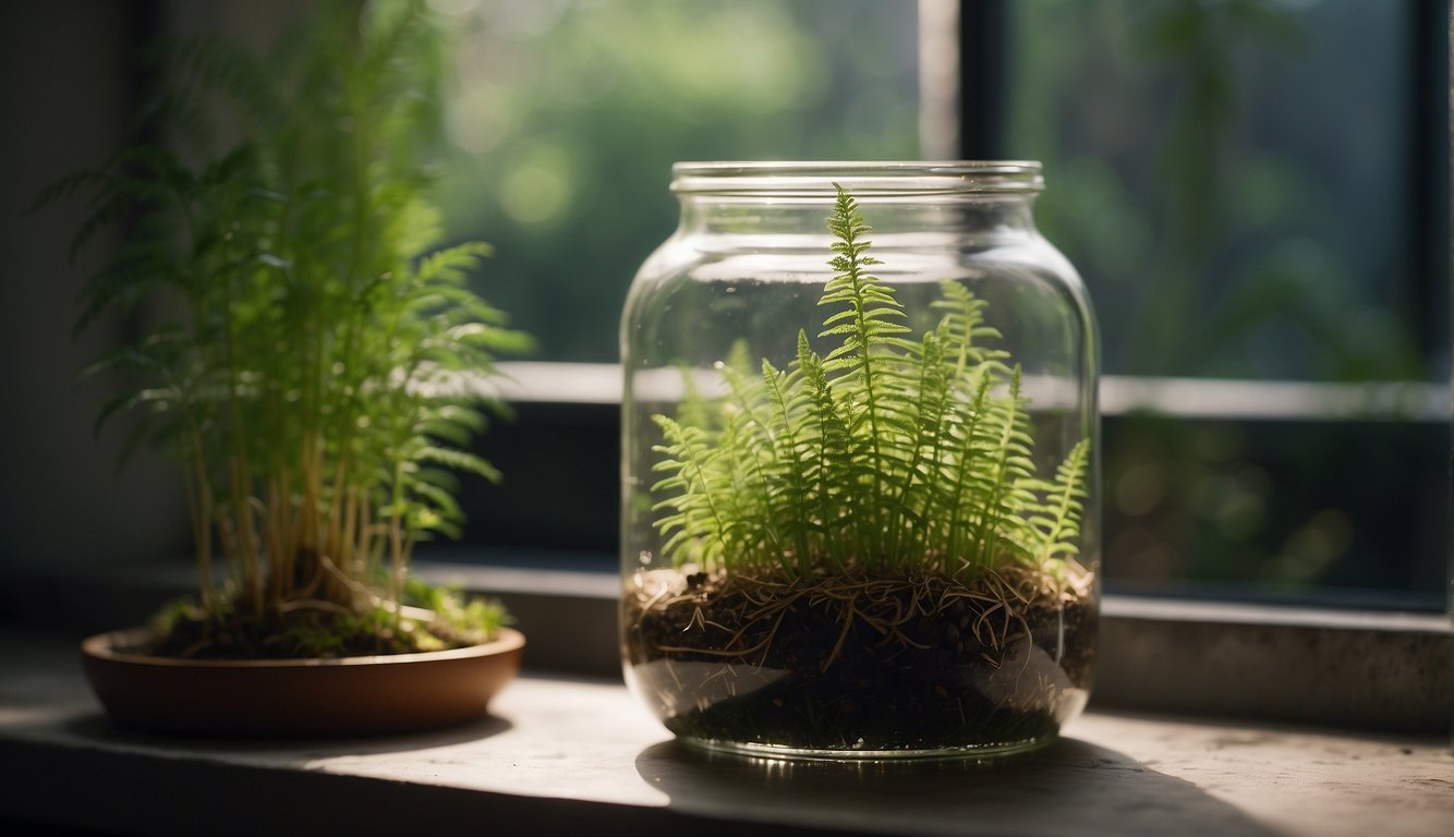 Foxtail fern cuttings placed in a jar of water, with roots starting to form.

New growth emerging from the top of the cuttings