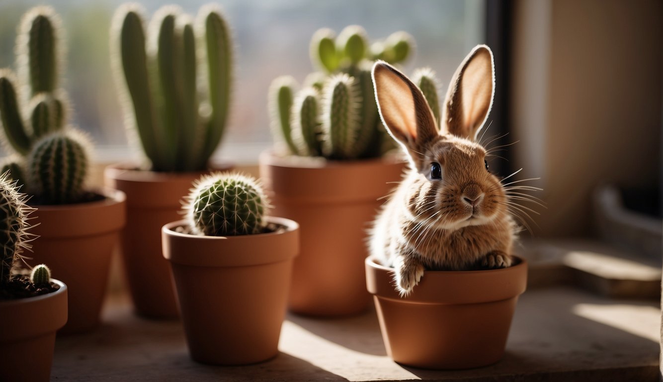A small Bunny Ear Cactus sits in a terracotta pot on a sunny windowsill.

It is surrounded by well-draining soil and receives indirect sunlight. A small spray bottle sits nearby for occasional misting