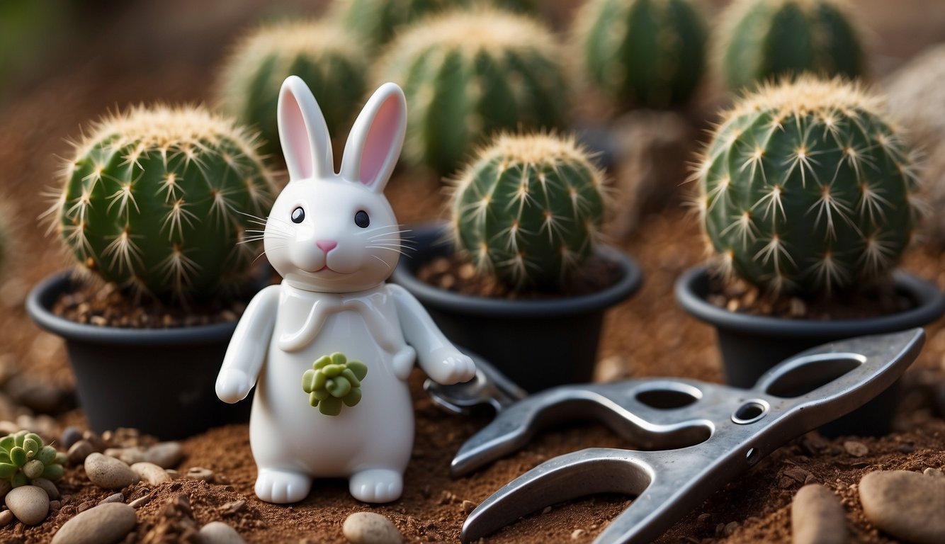 A small pot with well-draining soil, a healthy bunny ear cactus pad, and a pair of sterilized pruning shears