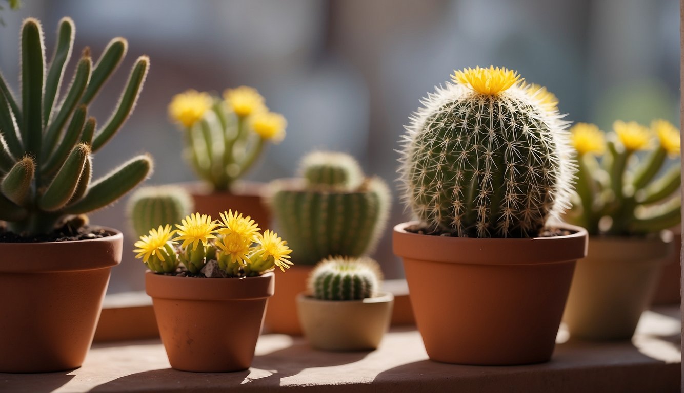 A bunny ear cactus sits in a terracotta pot on a sunny windowsill.

New pads are sprouting from the base, surrounded by small, delicate yellow flowers