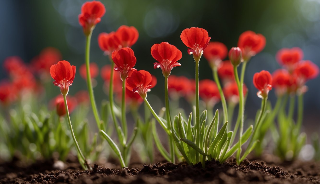 Bright red Russelia flowers dangle from the plant's slender stems.

New shoots emerge from the soil, ready for propagation. A gardener carefully snips a stem to create a new plant