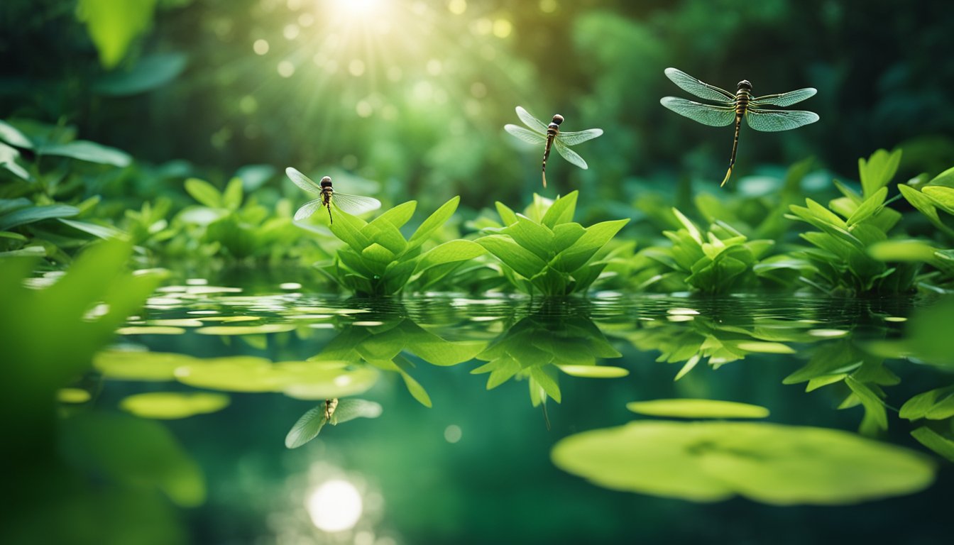 A serene pond with vibrant green Wasserminze plants swaying gently in the water, surrounded by lush foliage and colorful dragonflies hovering above