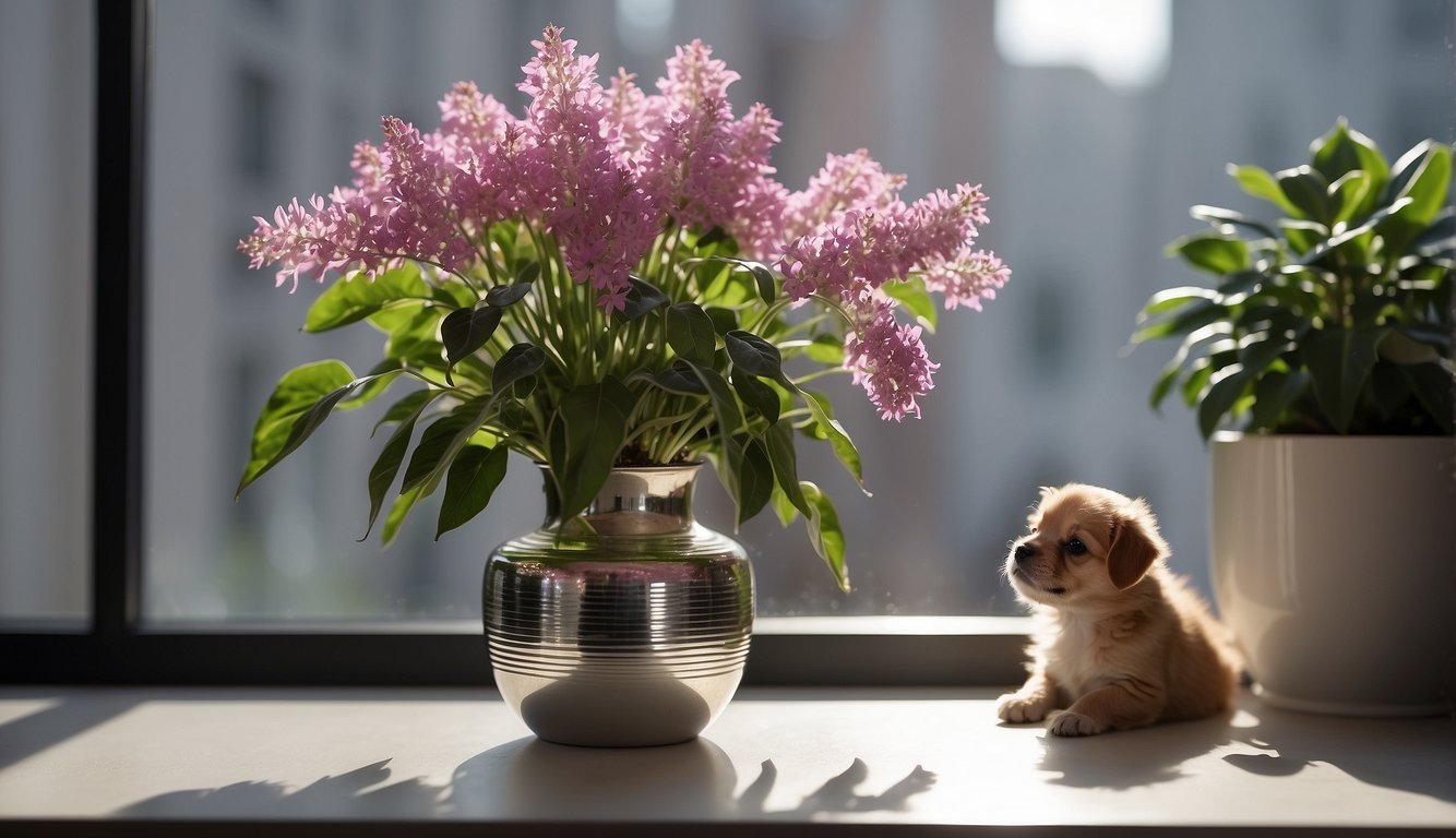 A silver vase plant sits on a sunny windowsill, with pups emerging from the base.

The mother plant's striking pink and purple striped leaves create a stunning focal point