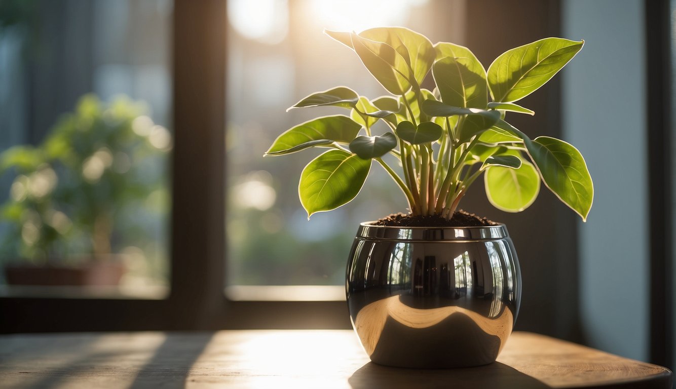 A mature silver vase plant sits in a pot.

A smaller plantlet emerges from the base, surrounded by soil and roots. Sunlight streams in from a nearby window, illuminating the scene