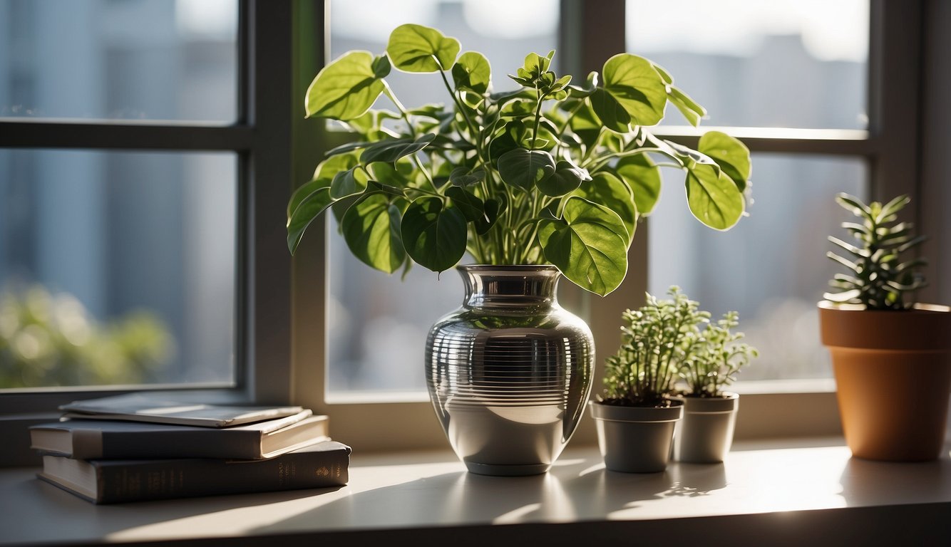 A silver vase plant sits on a bright window sill, surrounded by various propagation tools and a guidebook.

The plant is healthy and vibrant, with its unique striped leaves catching the sunlight