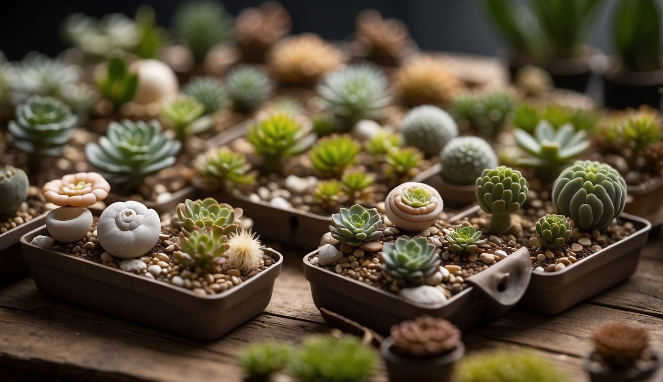 A collection of lithops plants in various stages of propagation, with detailed instructions and tools nearby