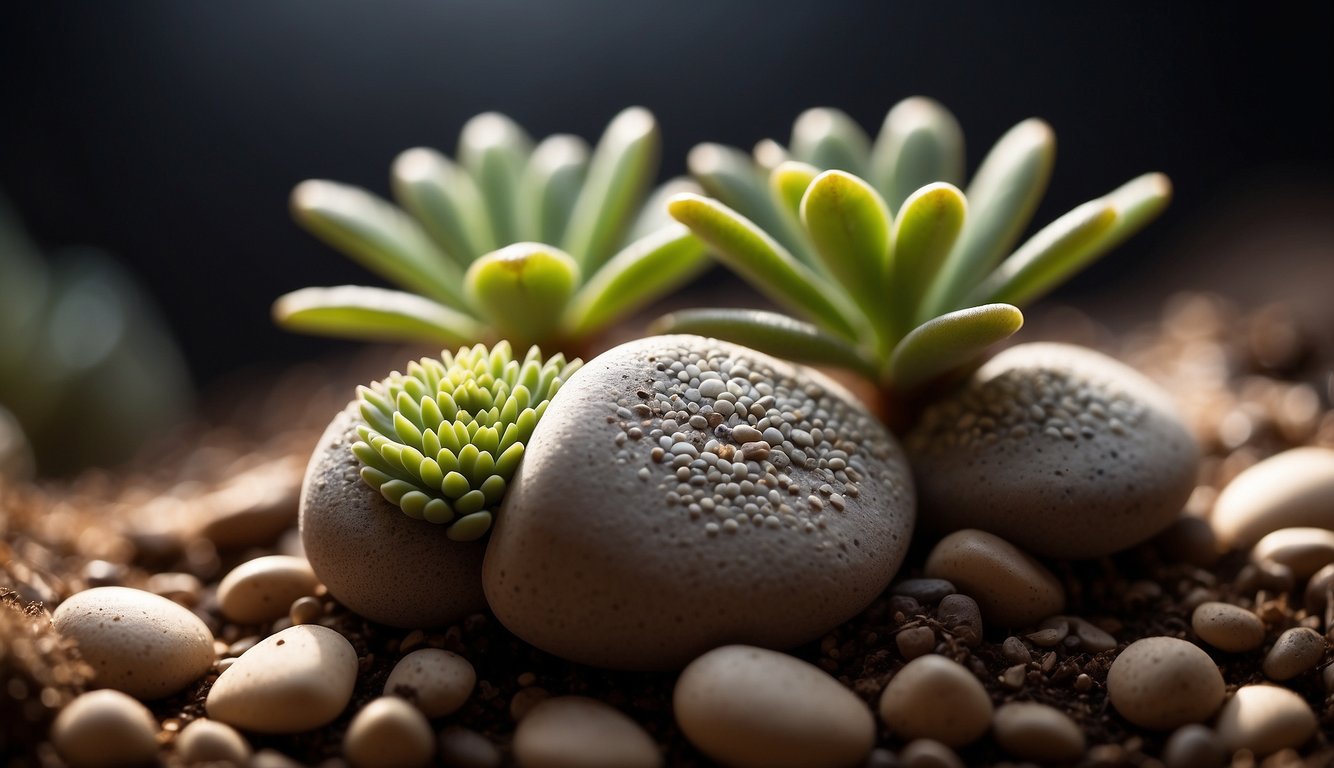 Two lithops plants with split bodies, surrounded by soil and small pebbles, under a bright grow light