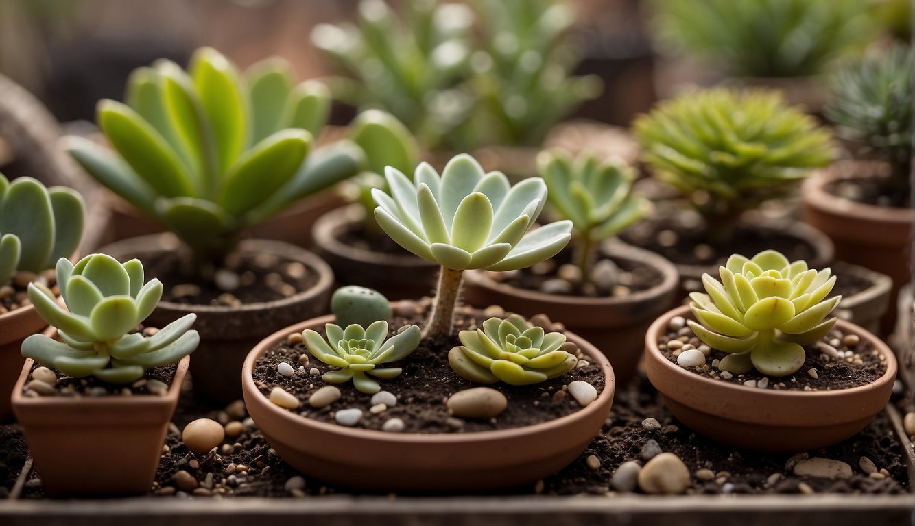 A collection of lithops plants in various stages of growth, surrounded by pots, soil, and gardening tools.

One plant shows signs of overwatering, while another has a damaged outer leaf