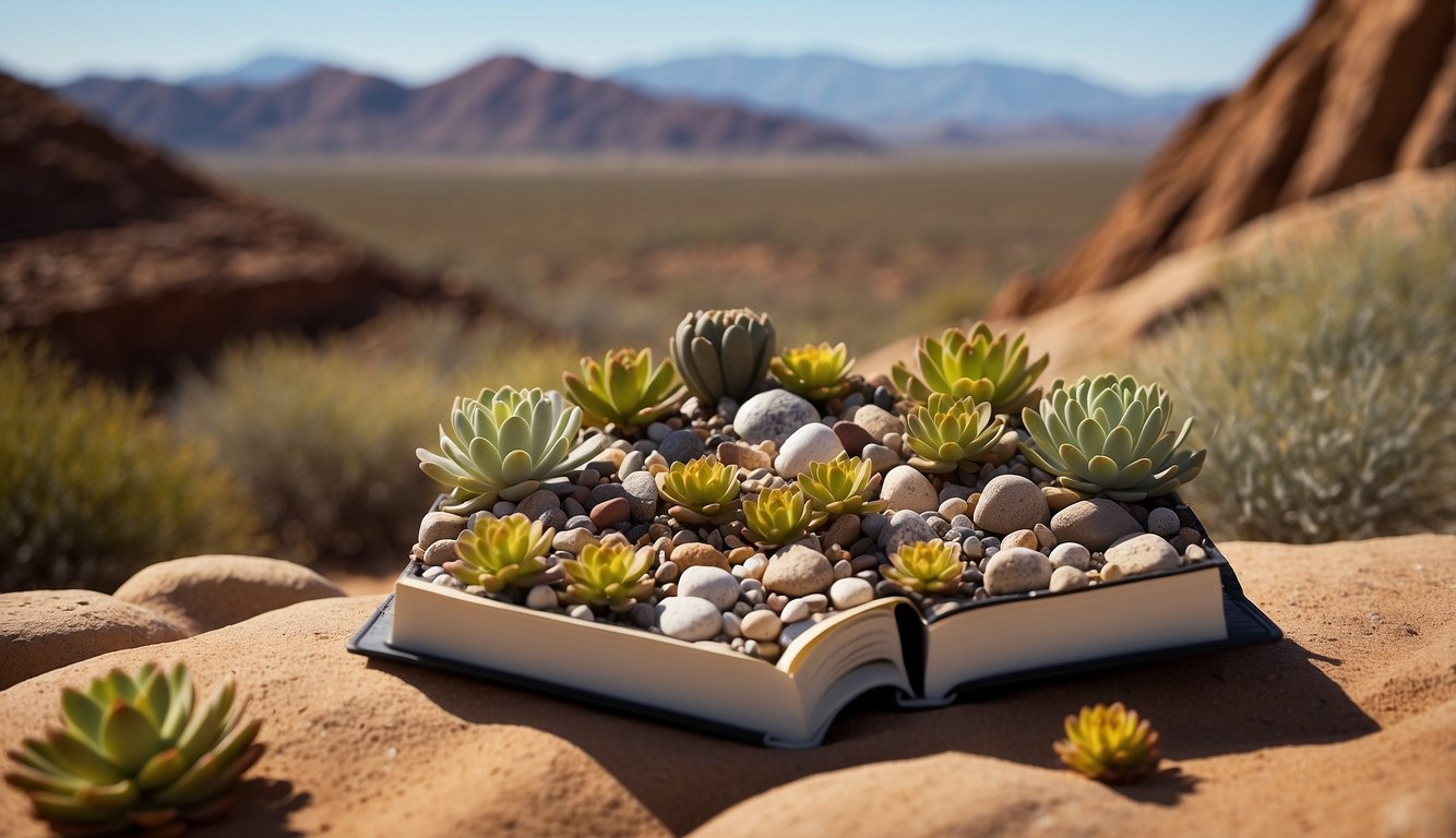 Lithops book cover: Title in bold font, surrounded by colorful lithops plants in various stages of growth, with a backdrop of a rocky desert landscape