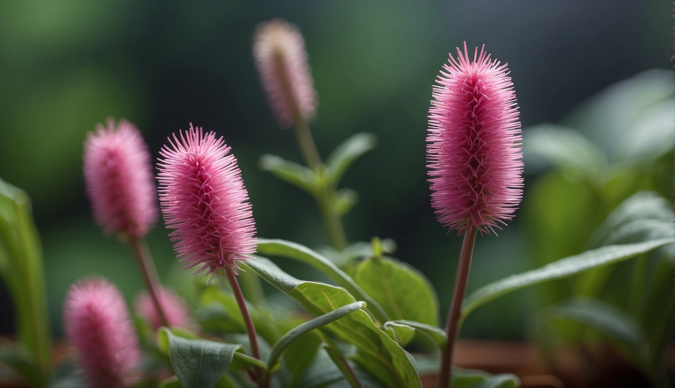 A pair of tweezers gently plucks a healthy offshoot from the base of a vibrant Pink Quill plant, ready for propagation