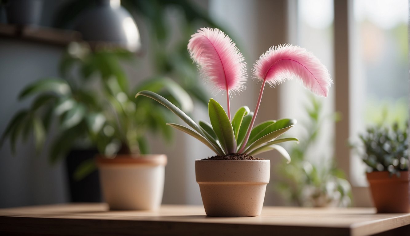 A Pink Quill plant sits in a bright, airy room.

It is potted in well-draining soil or mounted on a piece of wood. A misting spray bottle and a shallow dish of water are nearby for regular watering