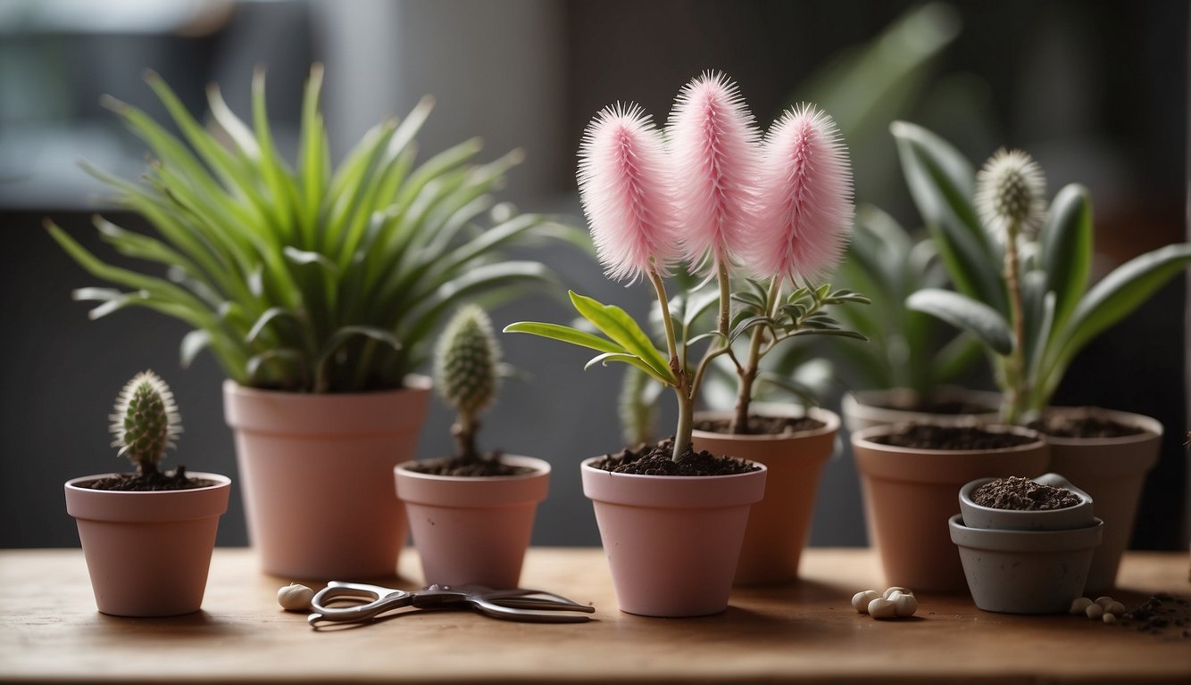 A mature pink quill plant with pups growing at the base, surrounded by a collection of small pots, rooting hormone, and a pair of sharp scissors