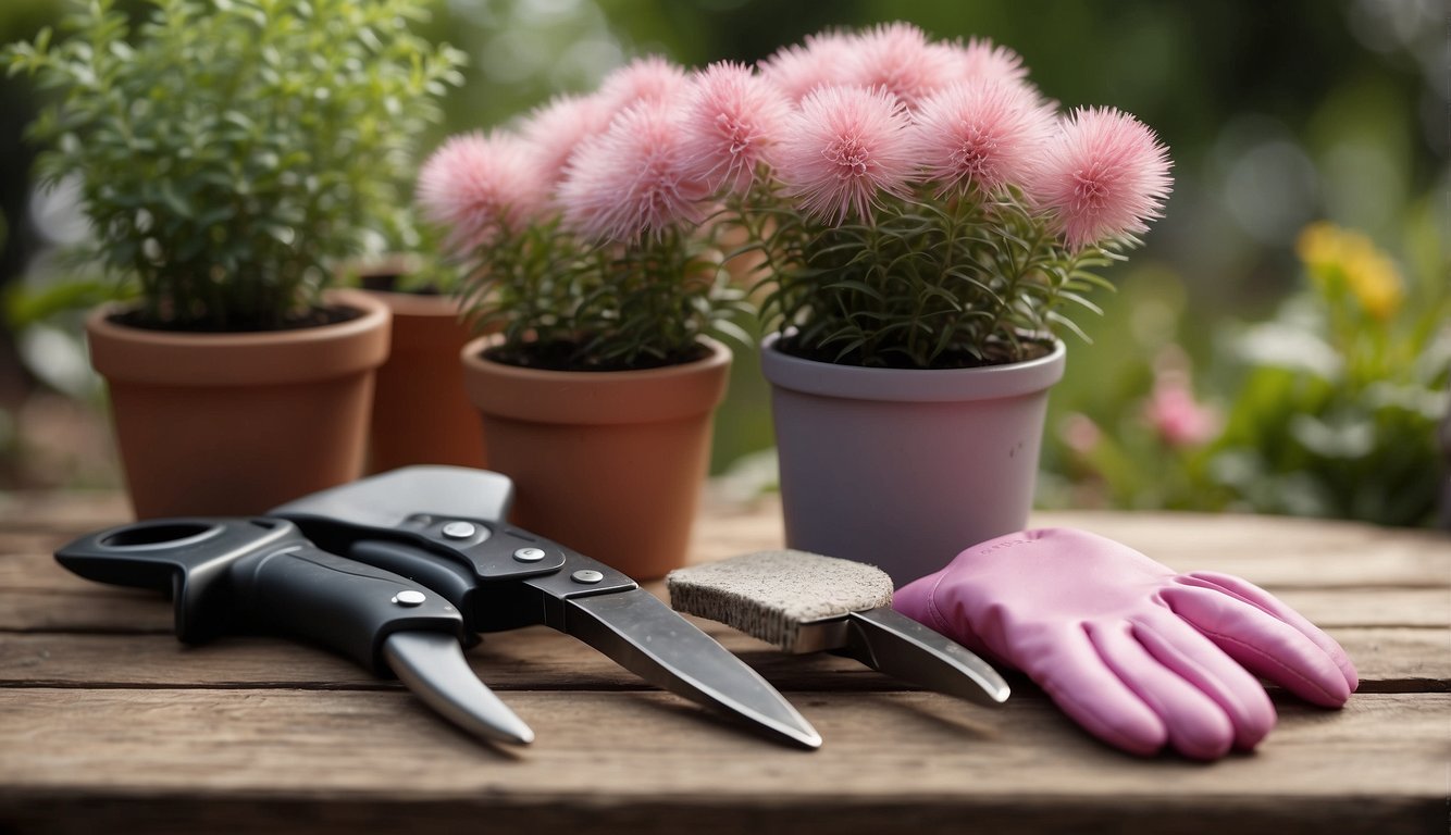 A pink quill plant sits on a wooden table, surrounded by small pots, soil, and gardening tools.

A pair of gardening gloves lays nearby