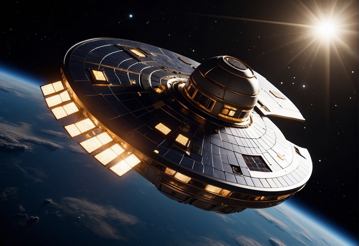 A spacecraft drifts through the vastness of space, its solar panels extending to capture the faint light of distant stars. The sleek, metallic hull reflects the cold beauty of the cosmos, while advanced technologies hum quietly within