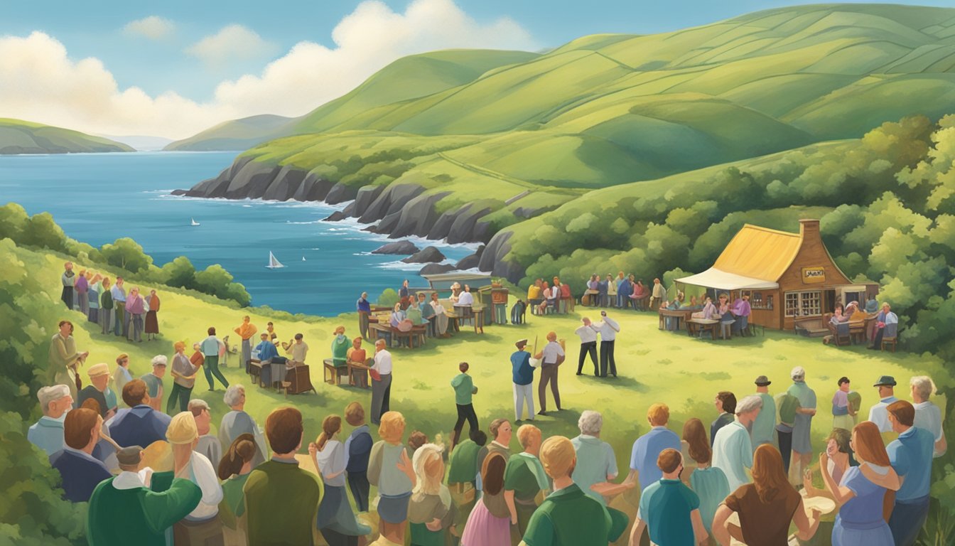 Vibrant Irish music fills the air as locals gather for a traditional ceilidh dance on a picturesque, lesser-known island. A cozy pub and rolling green hills complete the scene