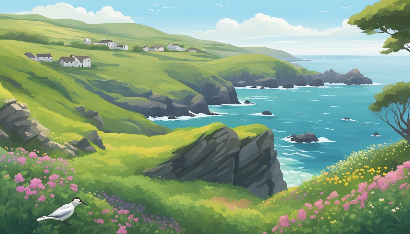 Lush green landscape with rolling hills and rocky coastlines. Seabirds soaring above, while seals bask on the shore. Wildflowers dotting the fields, and ancient ruins peeking through the vegetation