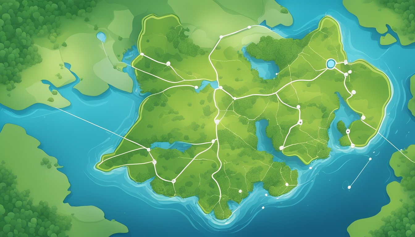 A map of Ireland with dotted lines connecting to various small islands, surrounded by lush green landscapes and sparkling blue waters