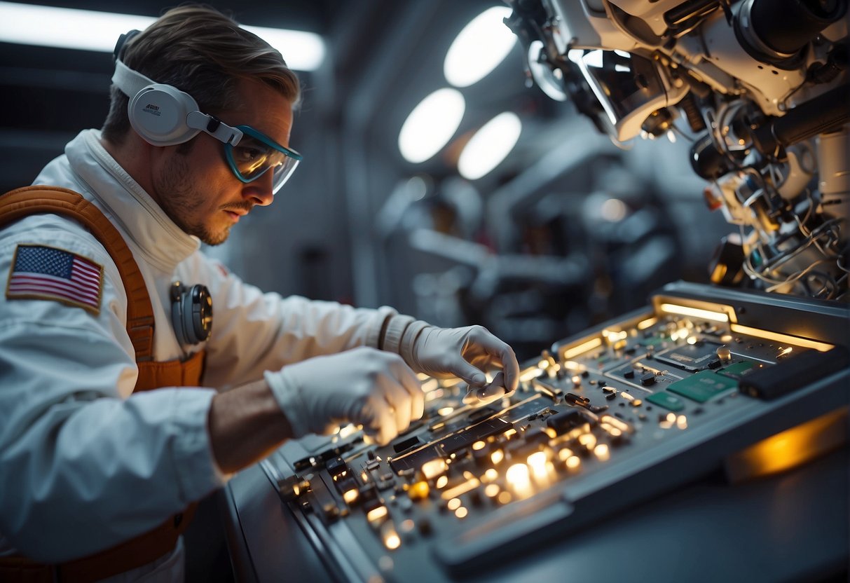 An astronaut uses AR goggles to project repair instructions onto a spacecraft panel, while a robotic arm performs maintenance tasks