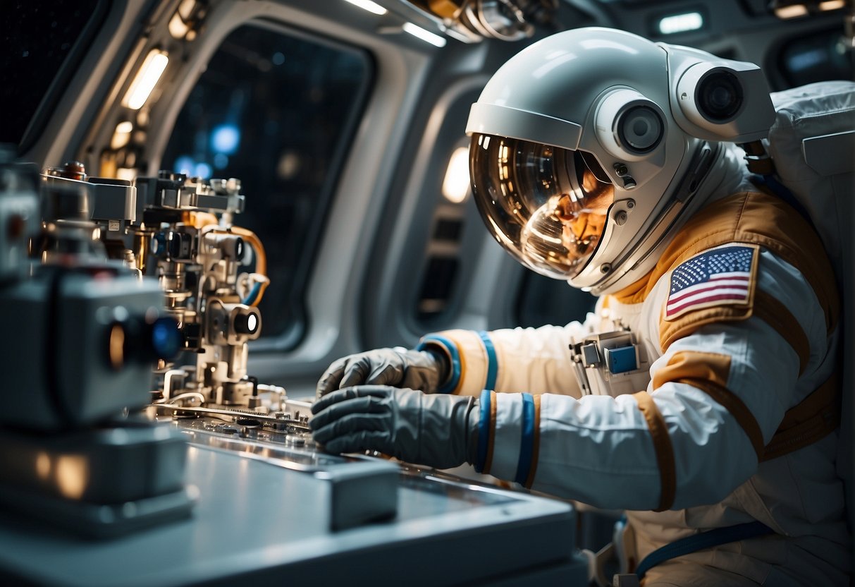 An astronaut uses augmented reality to inspect and repair spacecraft, ensuring safety and precision in zero-gravity environment