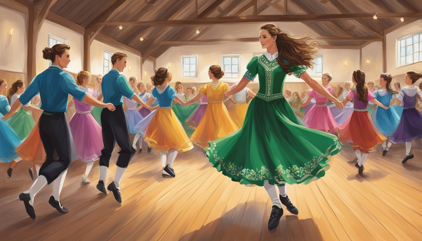 Vibrant Irish dance costumes fill a rustic community hall. Dancers gracefully perform traditional steps, while musicians play lively jigs. Spectators clap and cheer in the background