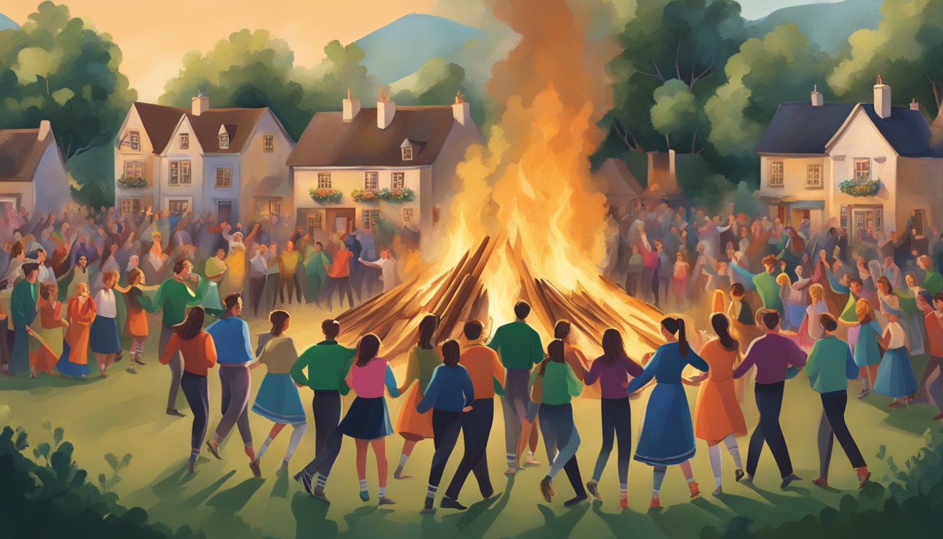 Vibrant village scene with people gathered around a bonfire, music playing, and dancers moving gracefully in traditional Irish dance formations