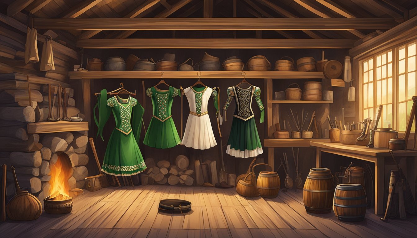 Traditional Irish dance costumes hang in a rustic barn, surrounded by instruments and a cozy fire, representing the evolution of Irish dance in rural communities