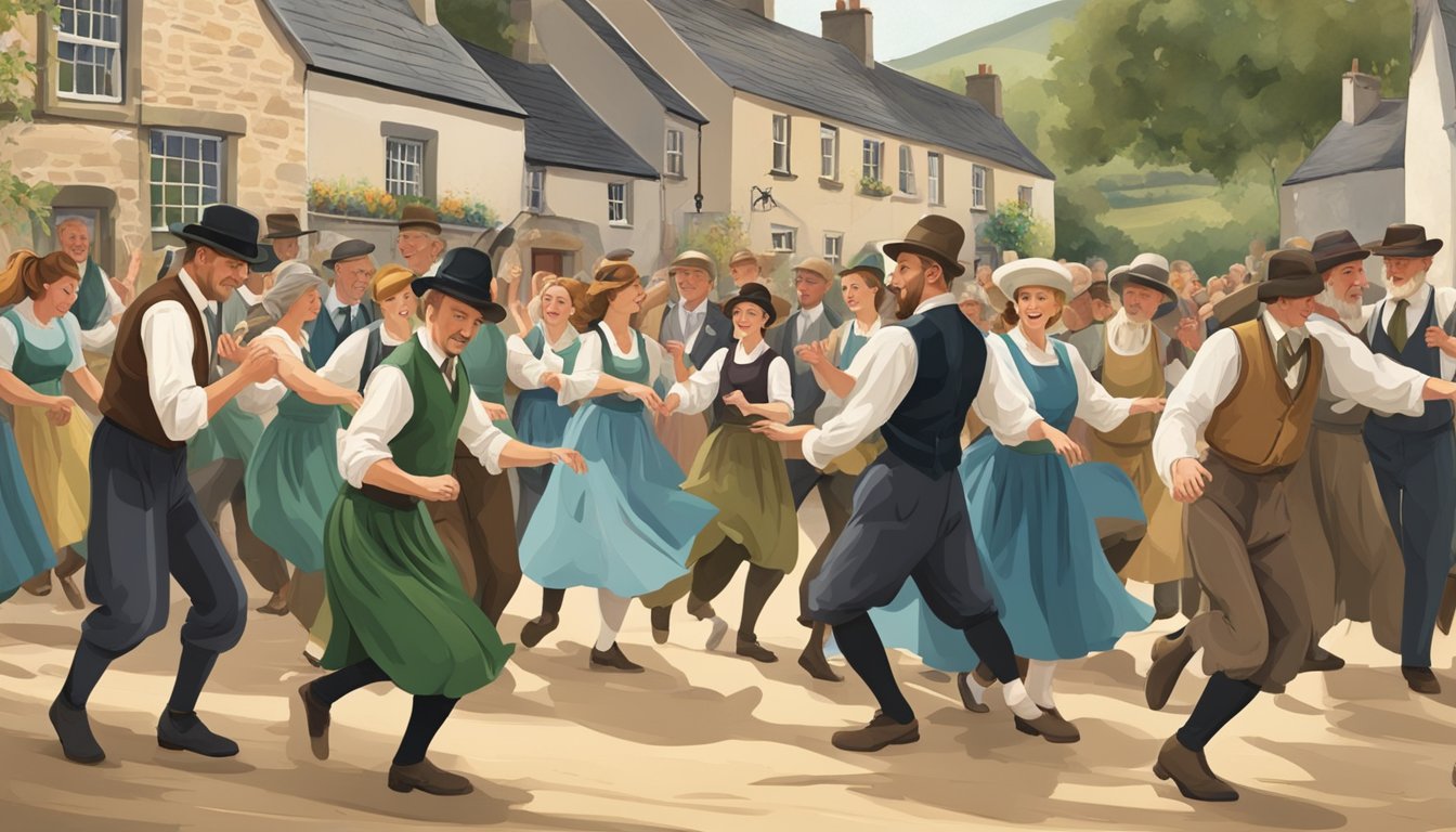 A group of people gather in a rural community, dancing in traditional Irish style. The evolution of dance is evident in their movements and attire