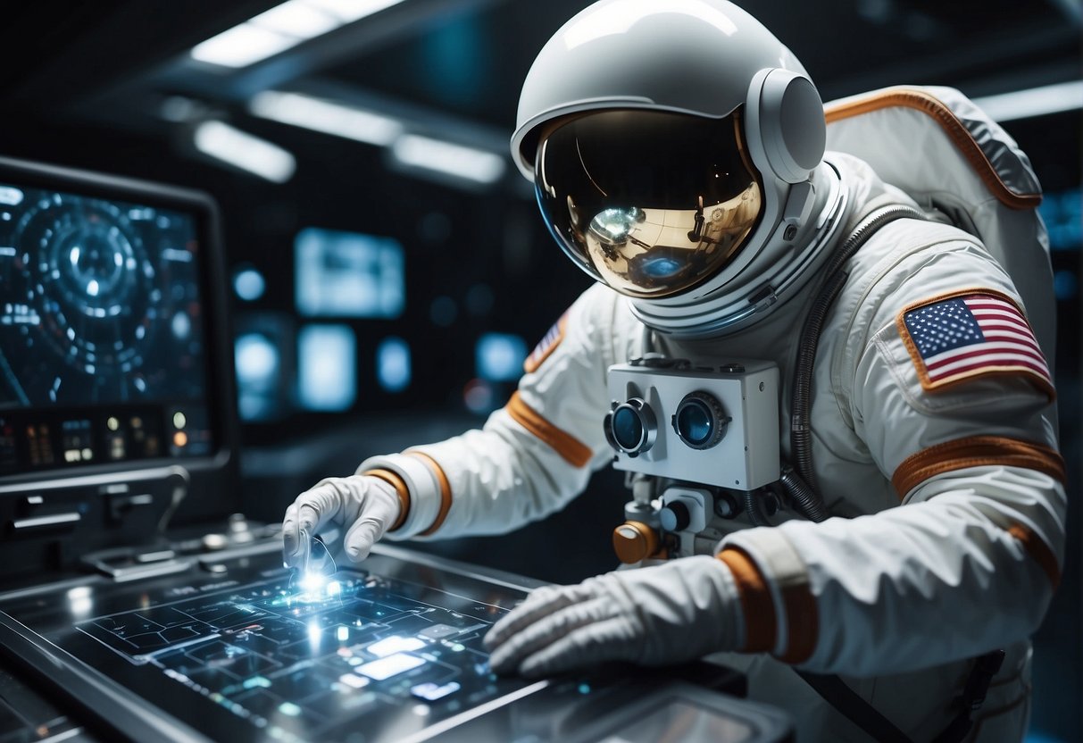 An astronaut uses augmented reality to repair a spacecraft in zero gravity. Tools float around as the astronaut manipulates holographic diagrams
