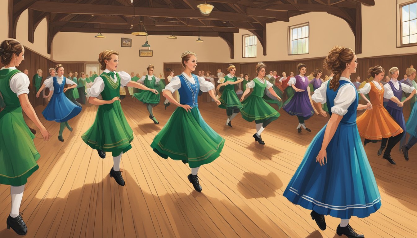 Vibrant costumes and traditional Irish music fill a rustic community hall, as dancers gracefully perform intricate steps, showcasing the evolution of Irish dance