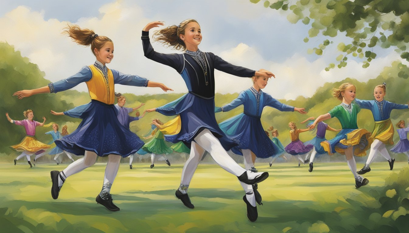 Vibrant Irish dance schools spread across rural landscapes, blending tradition with modernity. An energetic atmosphere filled with music, movement, and community spirit