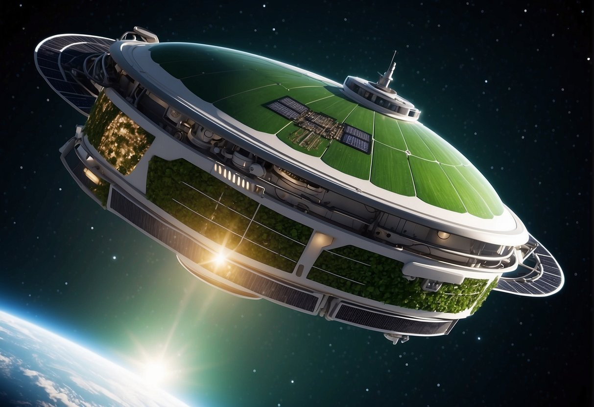 A spacecraft with green propulsion tech, recycling systems, and sustainable life support. Plants and hydroponic gardens provide oxygen and food. Solar panels and efficient energy use