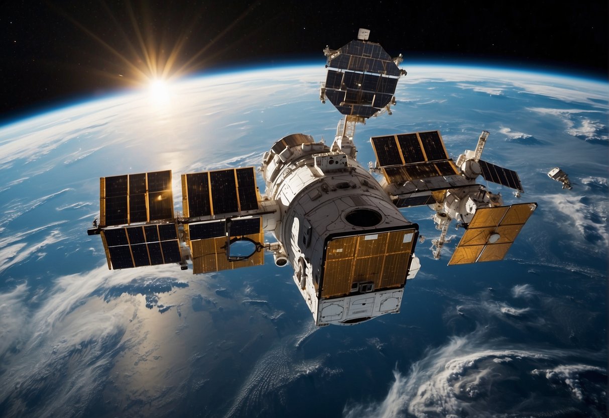 Multiple interconnected space habitat modules orbiting Earth, featuring solar panels, communication antennas, and docking ports