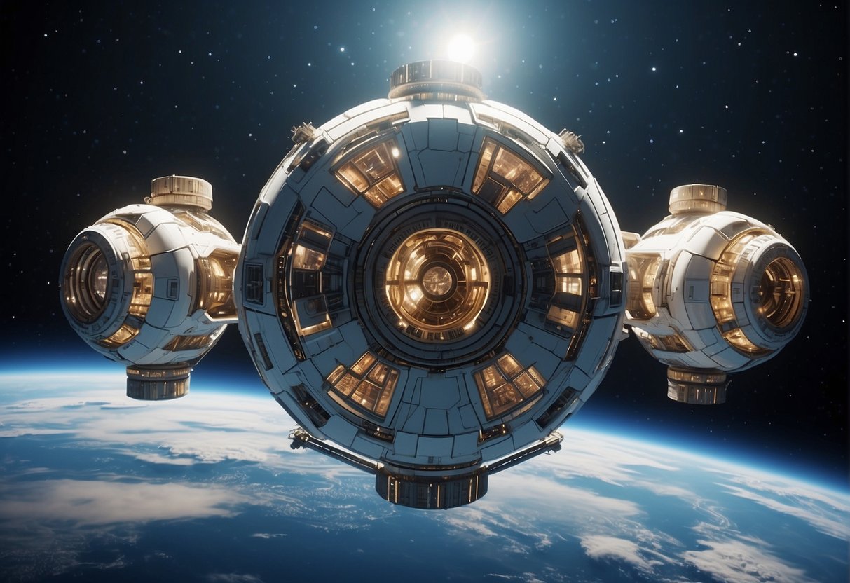 A cluster of interconnected space habitat modules floating in the vastness of space, designed to sustain human life for long periods