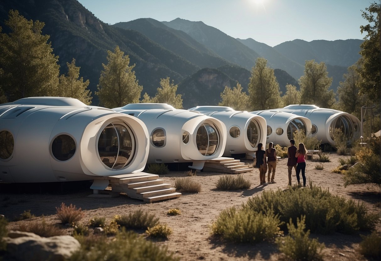 A group of habitat modules interconnected in a space environment, showcasing collaborative design for long-term human survival