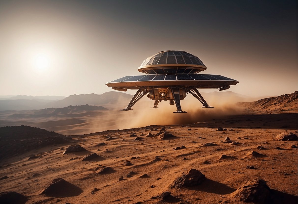 A spacecraft hovers above the rugged Martian terrain, its solar panels extended to capture the dim sunlight. Dust storms swirl in the distance, posing a challenge to the mission