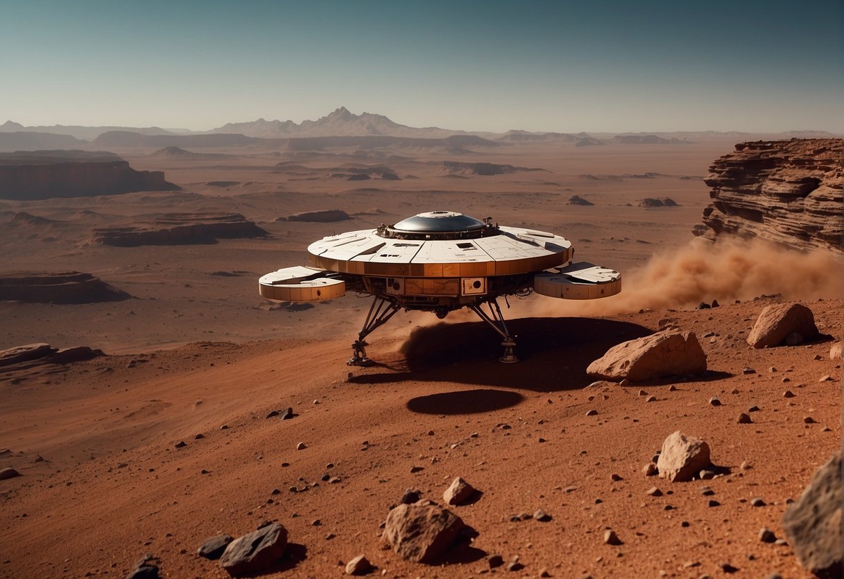 A spacecraft hovers above the rocky, red terrain of Mars, with the planet's distinct surface features visible in the background