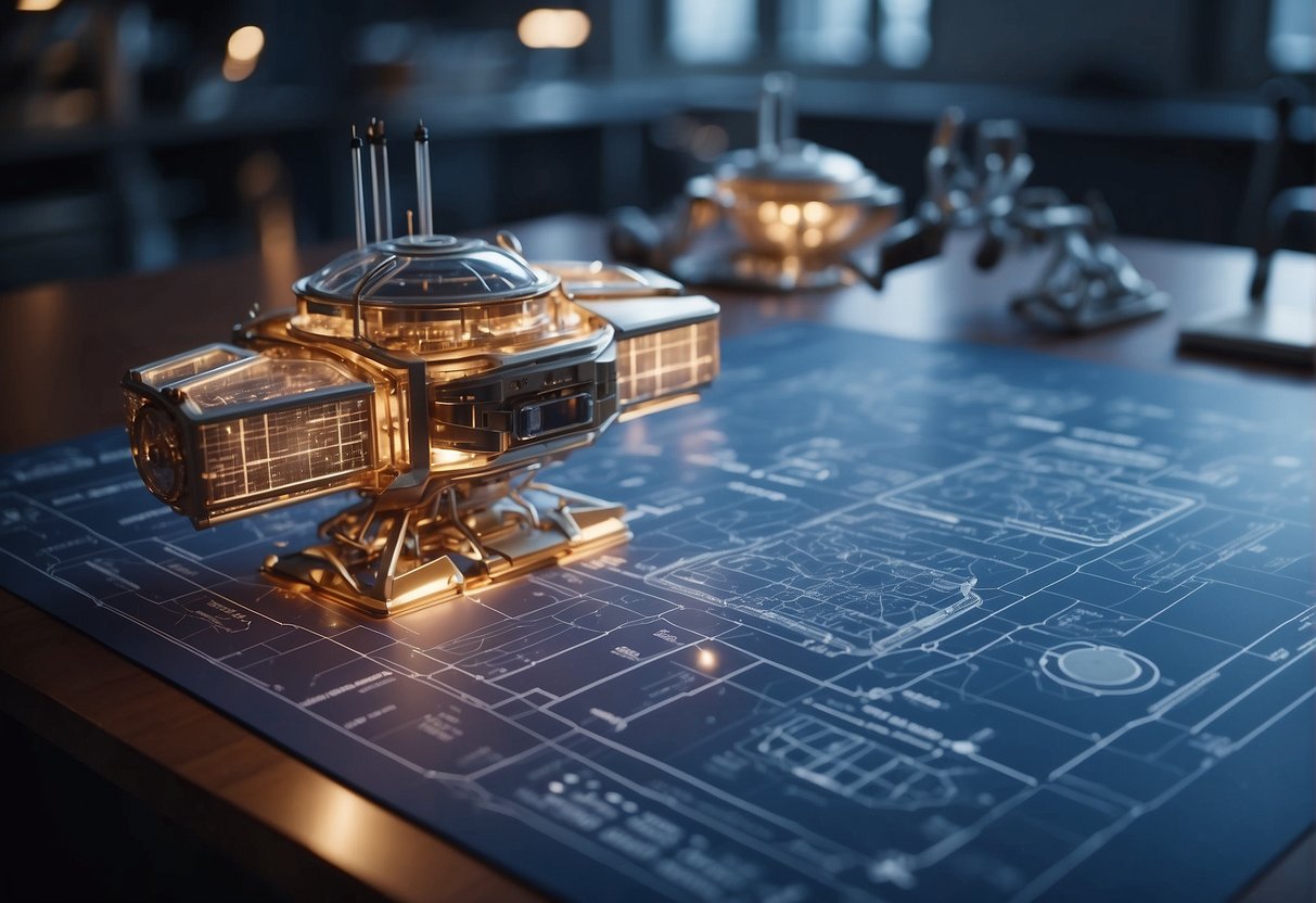 Spacecraft blueprint on a desk with scientists discussing biosafety for Mars mission. Technical equipment and research papers scattered around