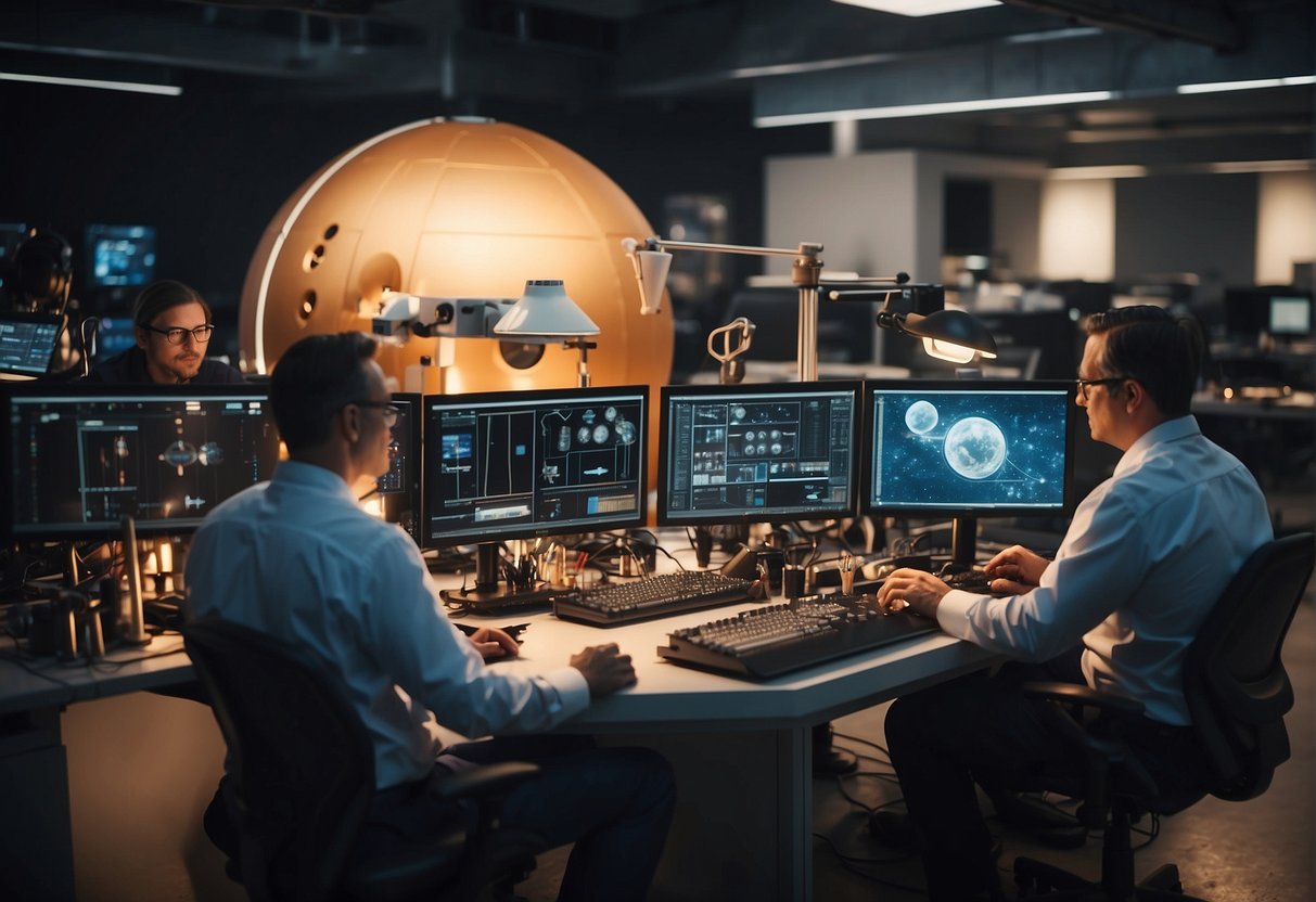 A team of engineers and scientists work on designing and testing spacecraft components for a Mars mission, surrounded by technical equipment and computer screens