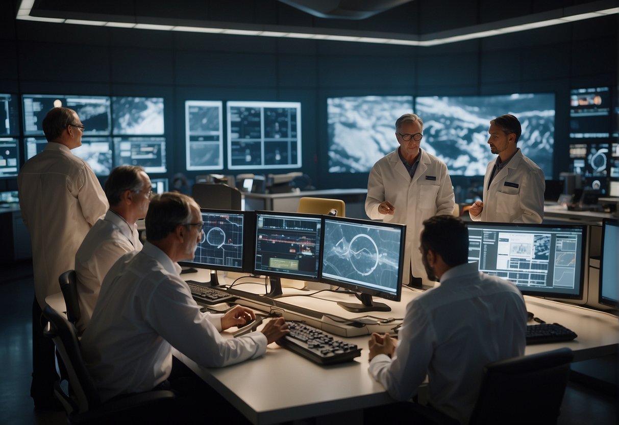 Engineers testing Mars spacecraft in a high-tech facility, surrounded by computer screens and equipment. Scientists discussing challenges and considerations for human settlement on Mars