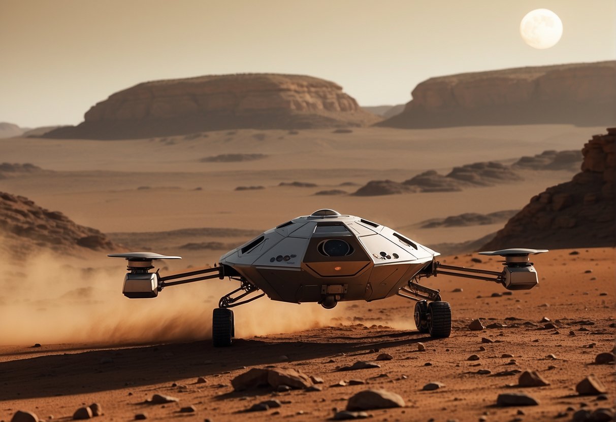 A spacecraft hovers above the rugged Martian surface, its sleek design and advanced technology symbolizing the challenges and considerations of future missions to the red planet