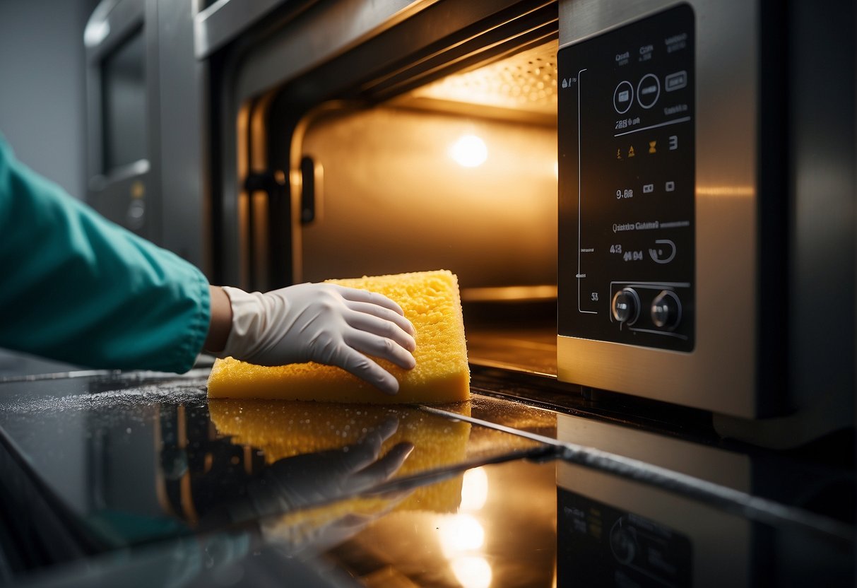 A hand reaches into a self-cleaning oven, scrubbing with a sponge and soapy water. Grease and grime are wiped away, leaving the interior sparkling clean