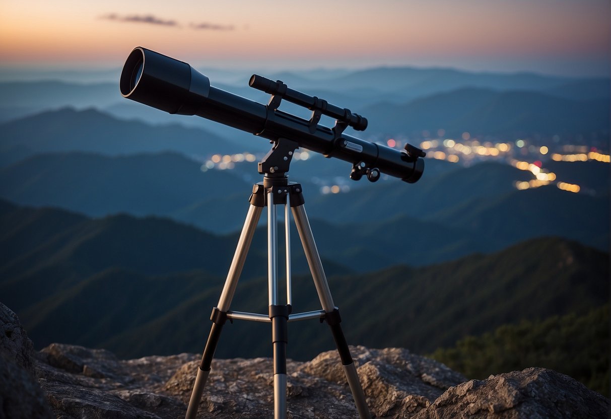 A telescope sits atop a mountain peak, its lenses pointed towards the night sky. The stars and galaxies twinkle in the distance, as the telescope captures the wonders of the universe