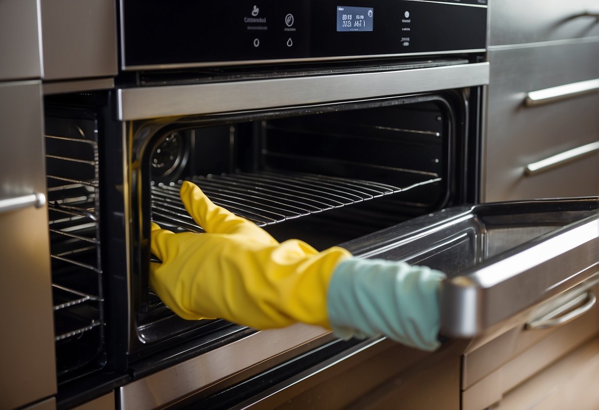 A hand reaching into the oven, scrubbing the interior and removing built-up grime and residue. A damp cloth wipes away the dirt, leaving a clean and shiny surface