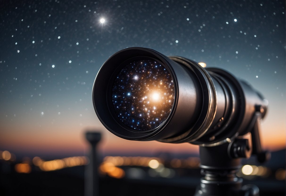A telescope points towards the night sky, capturing the distant stars and galaxies. Its lens reflects the vastness of the universe, revealing the mysteries of astrophysics