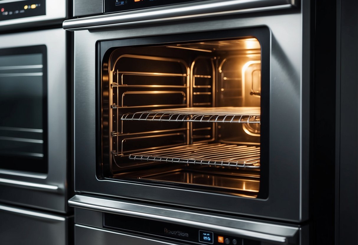 A self-cleaning oven with racks inside. No human presence