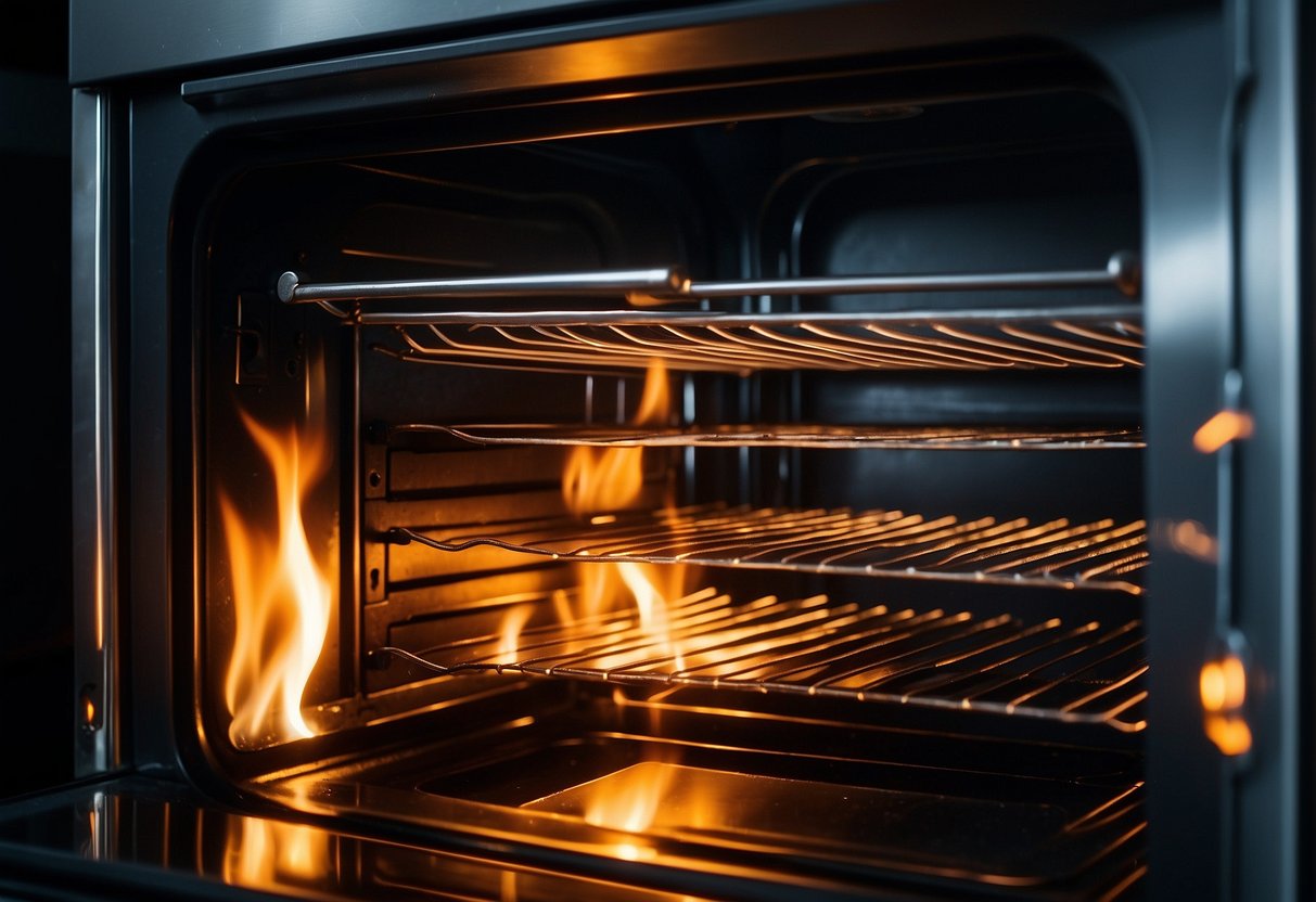 Racks remain in oven during self-clean cycle, surrounded by intense heat and flames