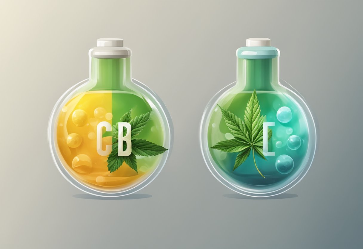 Two chemical compounds, CBD and THC, are depicted side by side with clear labels, showing the differences between the two