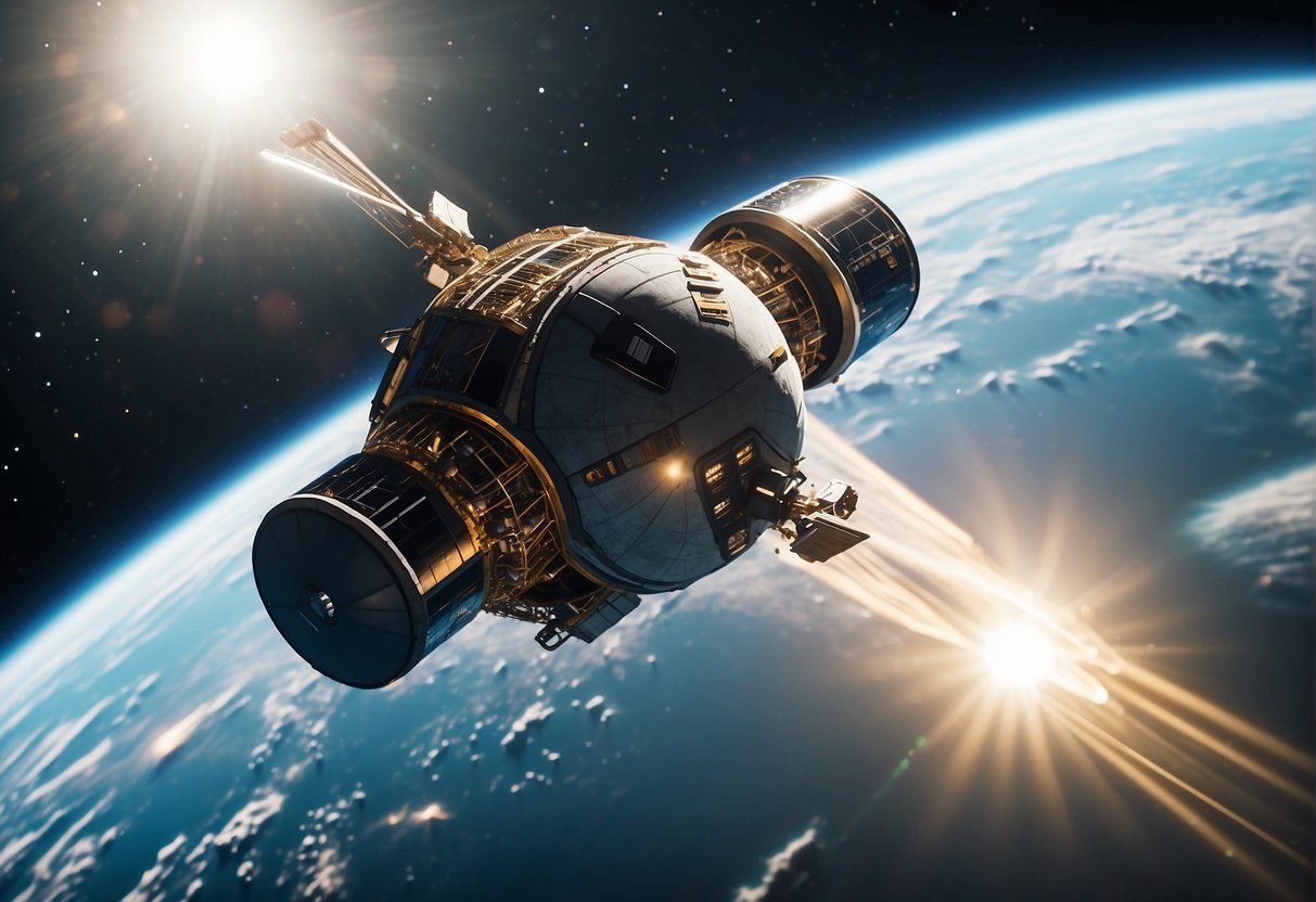 A spacecraft orbiting Earth, with data being securely transmitted and stored using blockchain technology, ensuring trust and security in space missions