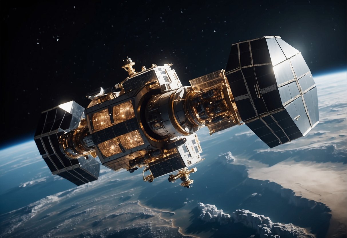 A spacecraft orbiting Earth, with data being securely transmitted through blockchain technology